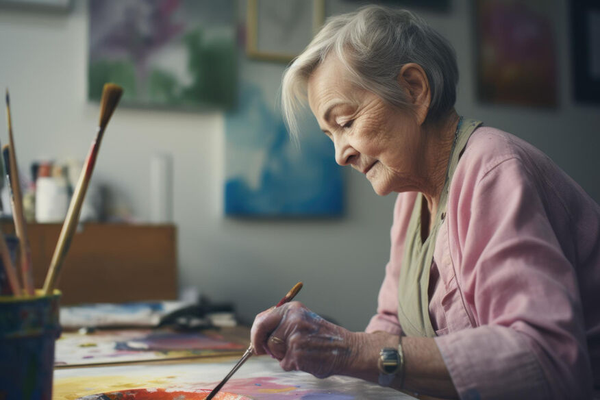 An elderly woman paints in an art room. Art therapy for seniors has many benefits. 