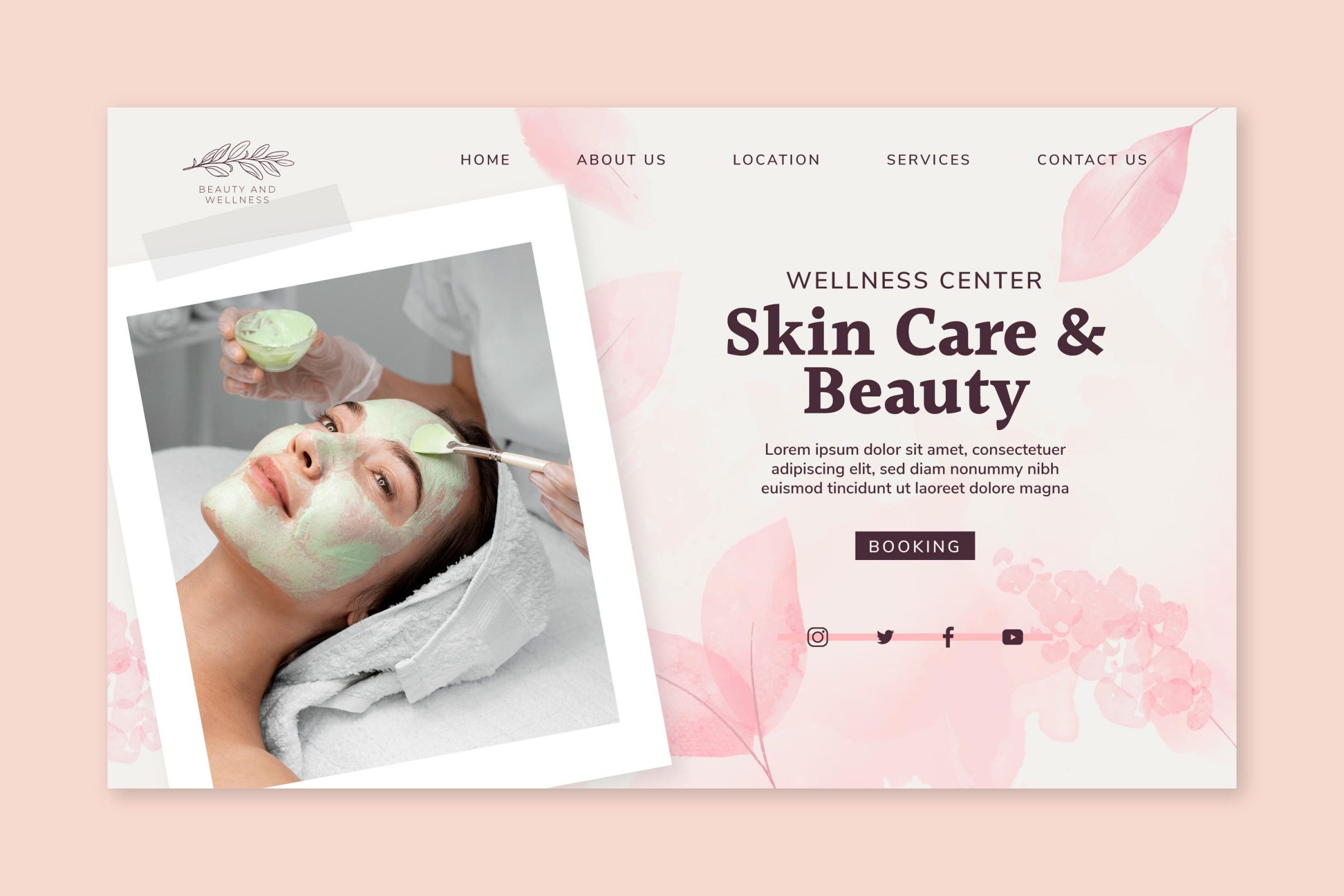 A website homepage template laid out on a pink background. This salon and spa website homepage shows a wellness center skin and beauty care services and more.