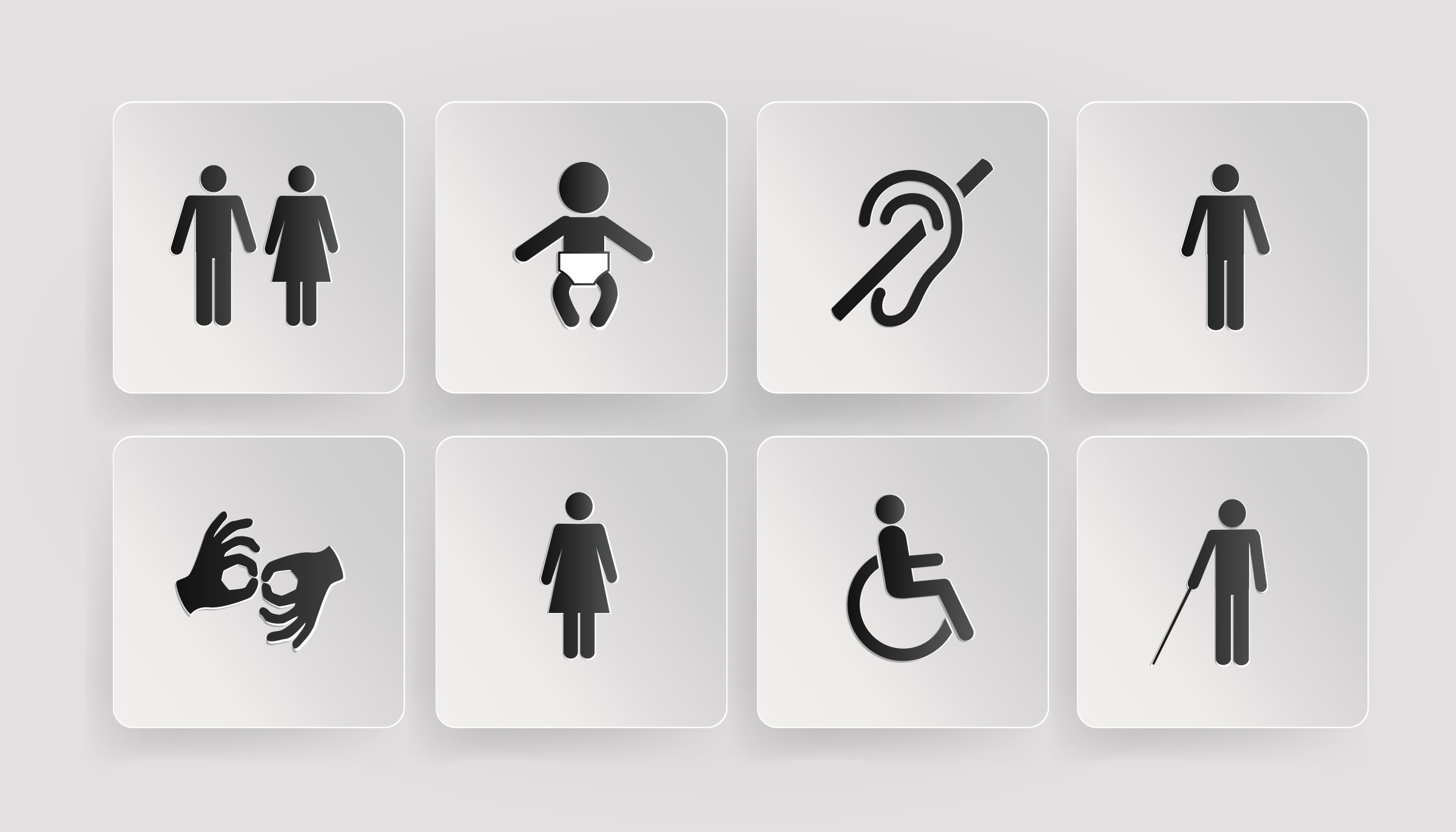 A collection of accessibility icons on white squares on a white background.