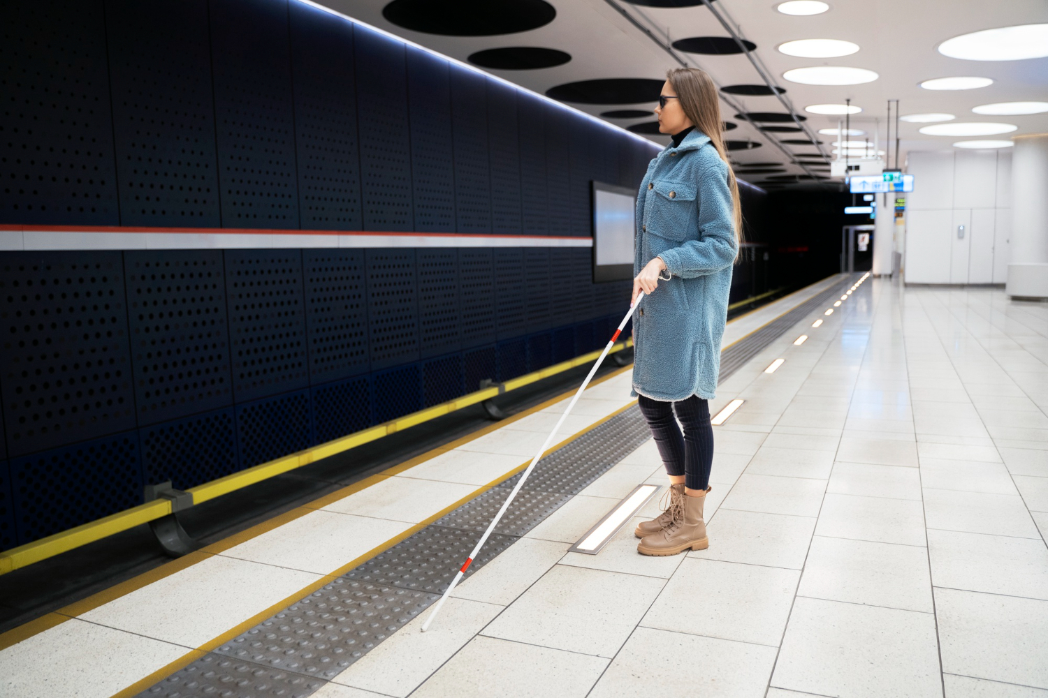 A blind woman with a walking cane stands in a long hallway. There is a strip of tactical raised domes on the floor in front of the woman.