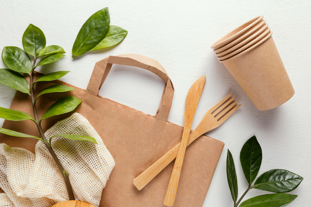 Leaves decorate an arrangement of eco-friendly dining supplies, including a brown recycled bag, paper cups and bamboo utensils. 