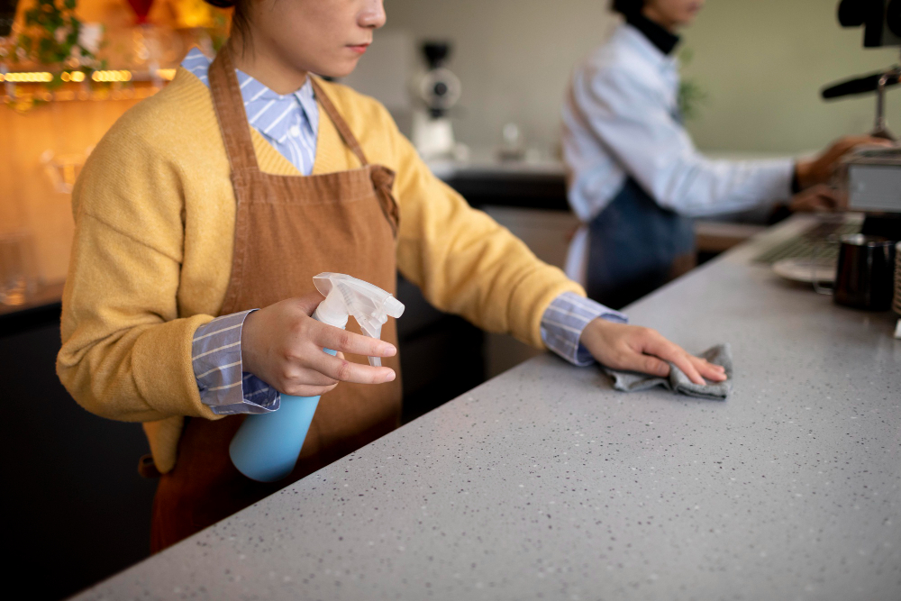 A restaurant employee wipes down a counter. Visible safety measures that protect your diner's health help build your restaurant's reputation and drum up business. 