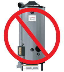 Symbolic image crossing out the type of water heater that will no longer be made under new DOE rules.