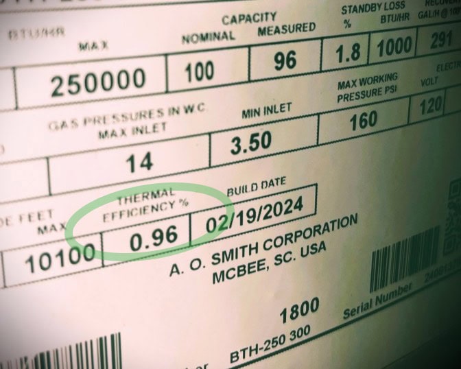 Water heater rating plate label showing high thermal efficiency rating of 96%